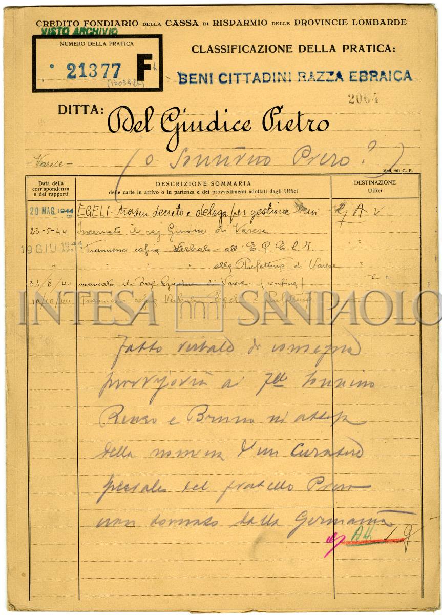 Copertina del fascicolo intestato a Pietro Del Giudice, pseudonimo di Piero Sonnino, 1944